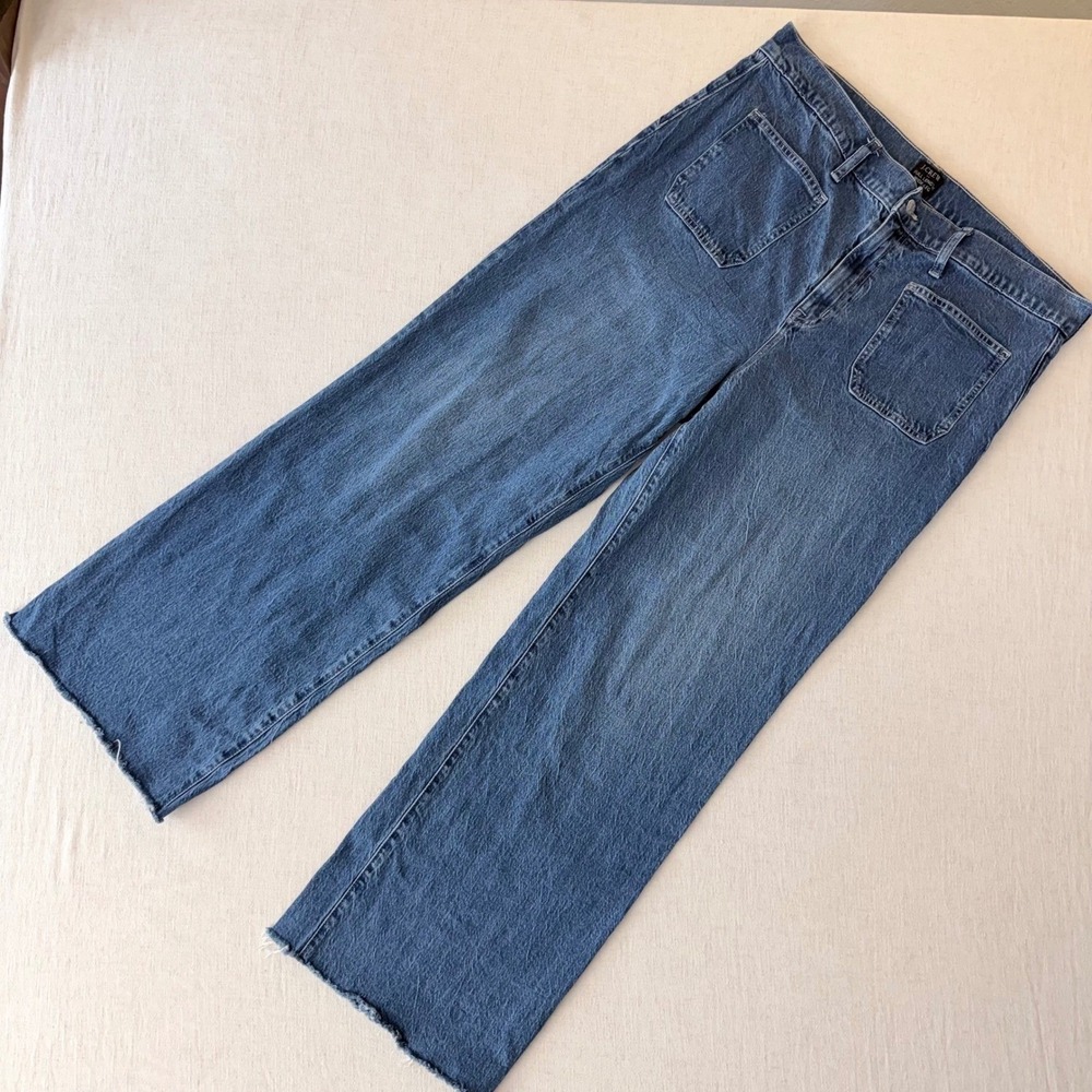 J.Crew Full Length Wide-Leg Jeans Medium Wash Raw Hem 32 High Rise Patch Pocket - Picture 2 of 9